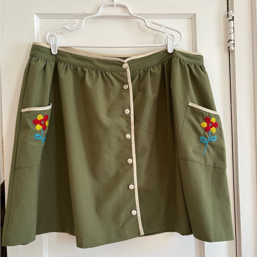 Modcloth Olive Green A-Line Skirt with Cream Trim and Floral Pocket Embroidery